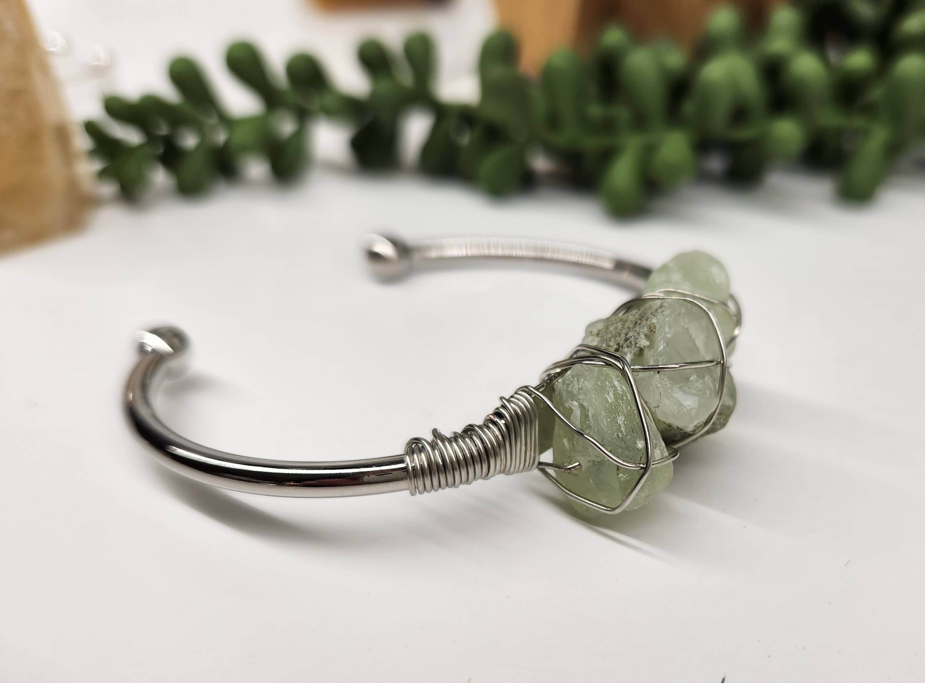 Meraki Gemstones - Wholesale Cuff Bracelet - Prehnite 3 Rough Gemstones Wire Wrapped Bangle Bracelet3
