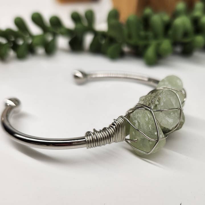 Meraki Gemstones - Wholesale Cuff Bracelet - Prehnite 3 Rough Gemstones Wire Wrapped Bangle Bracelet3