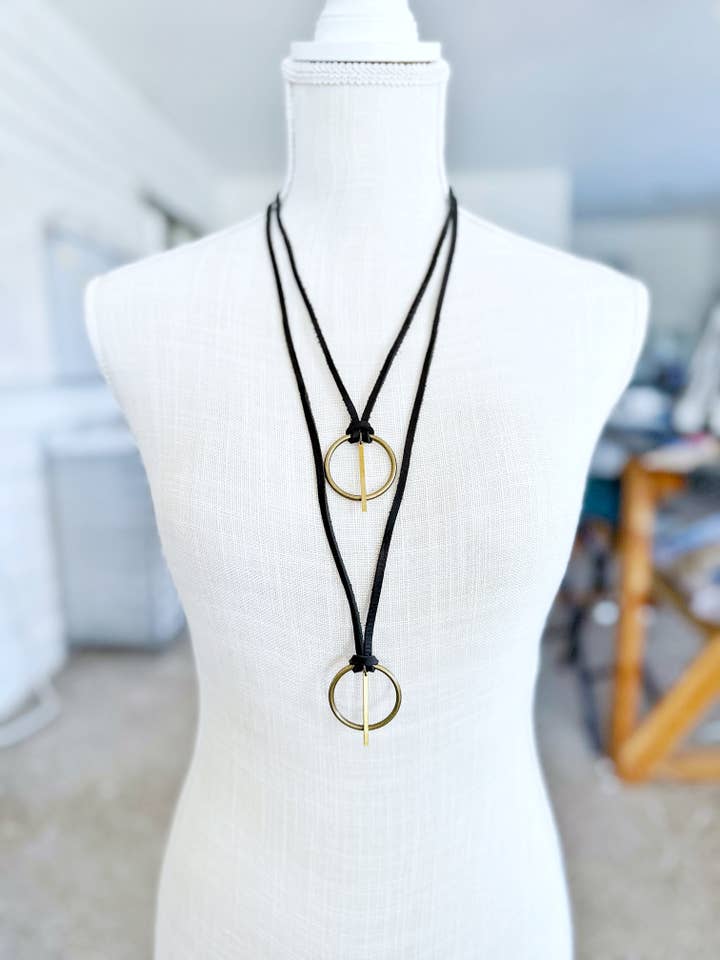 Bronze O-Ring on Black Leather Necklace for wholesale by Boho By Design
