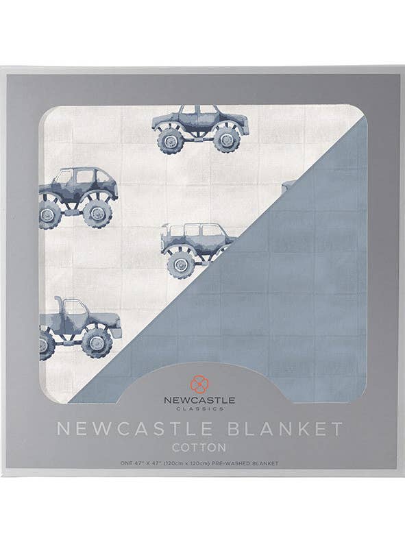 Newcastle Classics - Wholesale Bedding Blanket - Kids & Baby - Indigo Monster Trucks and Blue Fog Cotton Newcastle Blanket