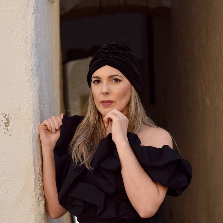 Petitama - Wholesale Fashion Headband - Women's - Black velvet turban for women, pre tied head wrap