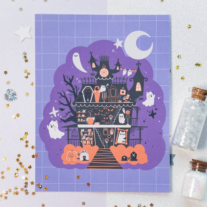 Cute Spooky Manor Illustration Art Print pour la vente par Sparkles in the Wild