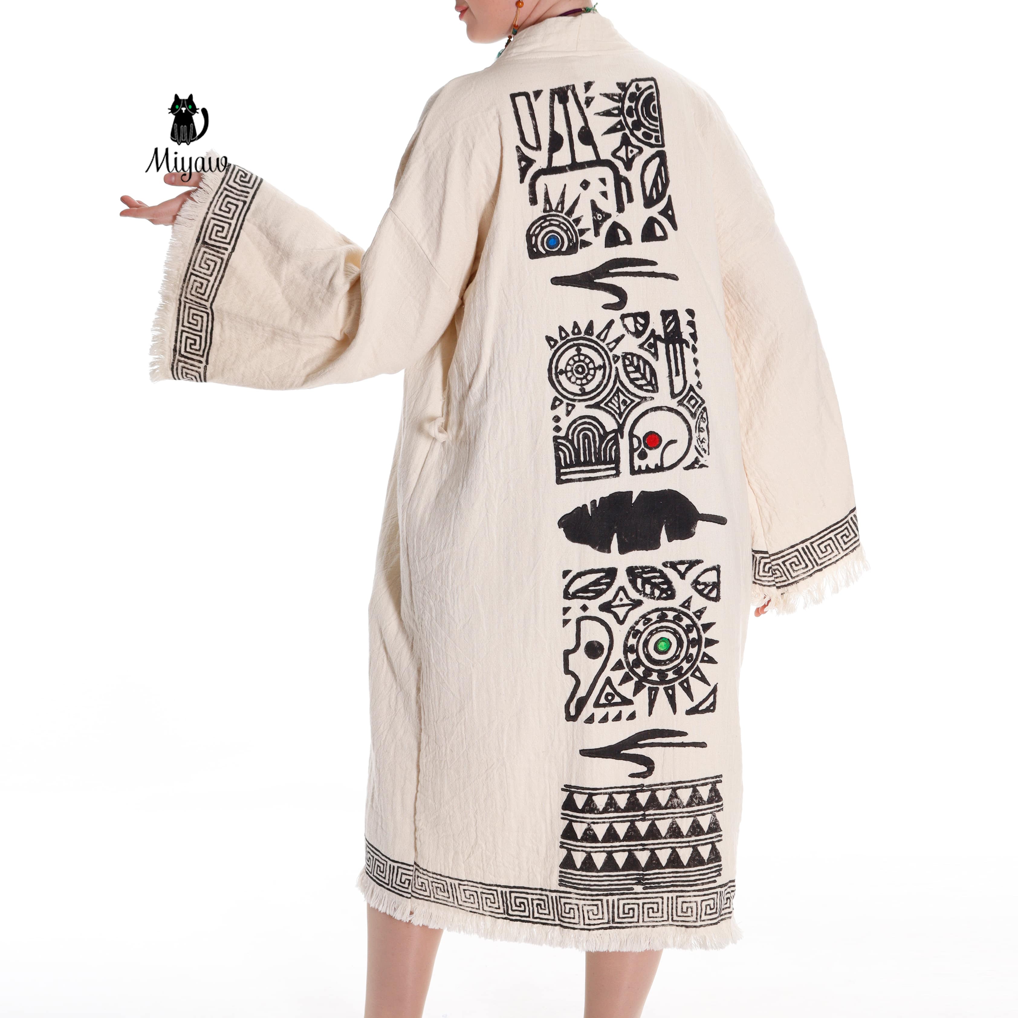 Beige Boho Style Greek Stamped Beach Kimono - Handcrafted Bohemian Bathrobe for wholesale on Faire3