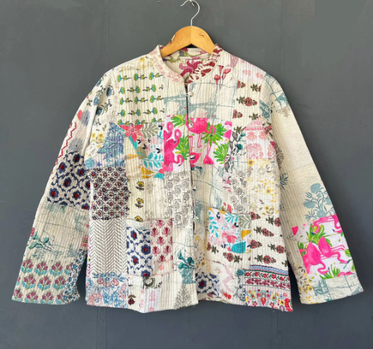 White Indian Cotton Patchwork Jacket Handmade Quilted Jacket  for wholesale on Faire0