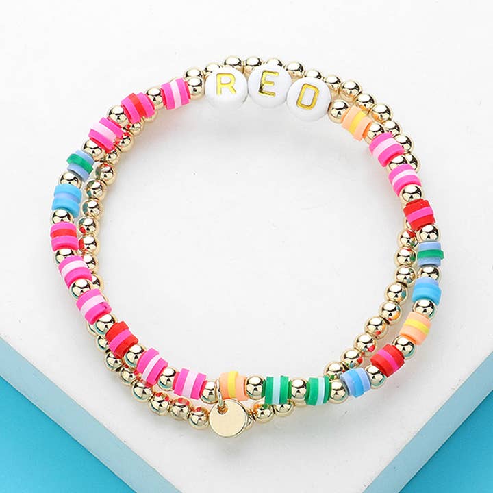 Sensibling Corp. - Wholesale Beaded Bracelet - 2PCS - RED Message Metal Ball Heishi Beaded Stretch Multi Layered Bracelets