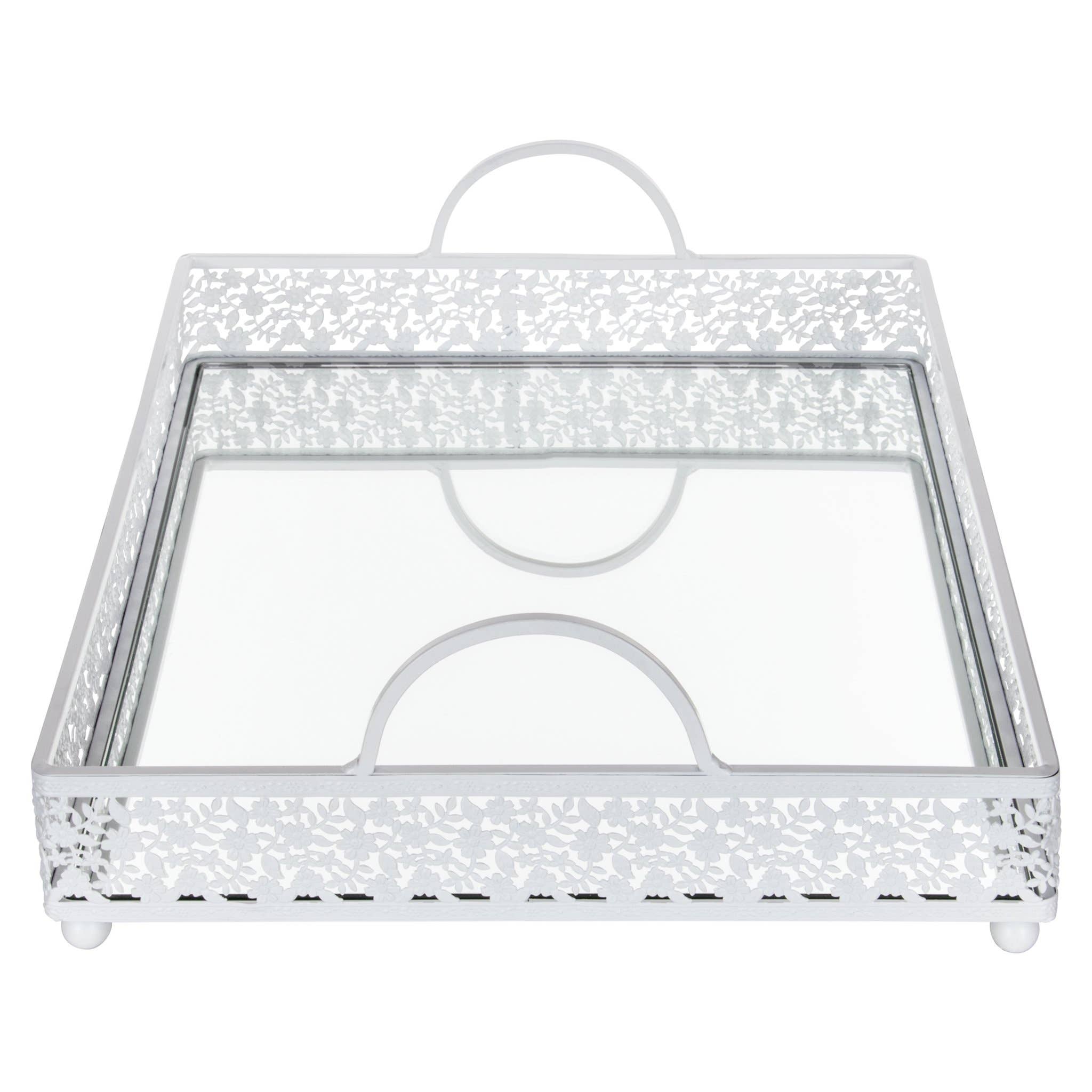 Amalfi Decor - Wholesale Serving Tray - Large Rectangular Metal Mirror-Top Serving Tray - White1
