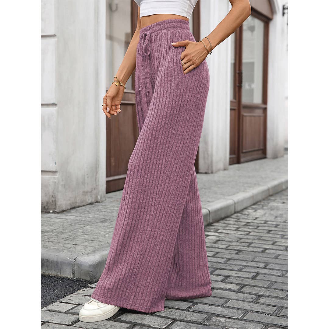 UNISHE - Wholesale Pants - Women's - Solid Drawstring Ribbed Brushed Elastic Waist Pants HLL28310