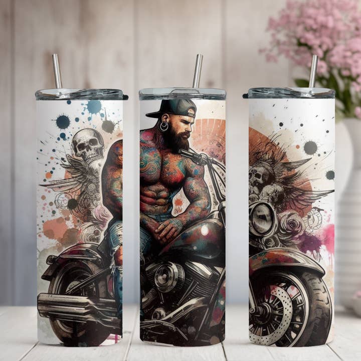 Hot Motor Biker with Tattoos 20oz/30oz Skinny Tumbler for wholesale by Honey Jar Creations