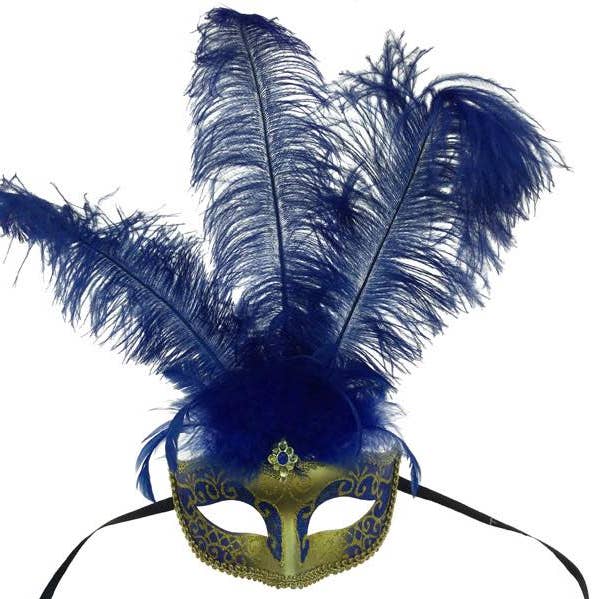 Blue Gold Venetian Mask With Feathers for wholesale by KBW Global Corp.