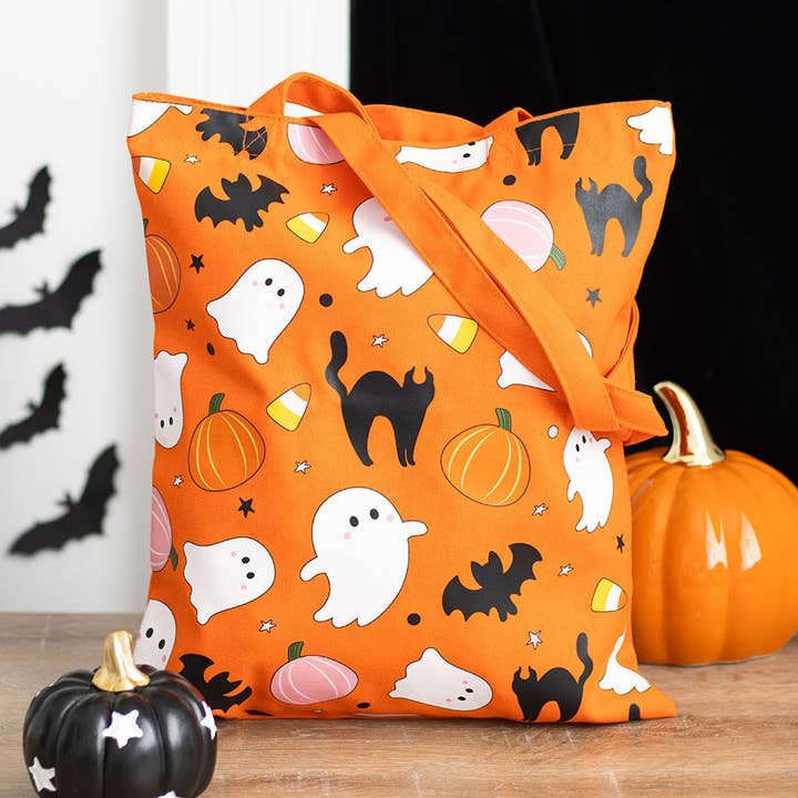 Borsa tote in policotone con stampa di fantasmi dolci e spettrali di Halloween per la vendita all'ingrosso da parte di Something Different Wholesale