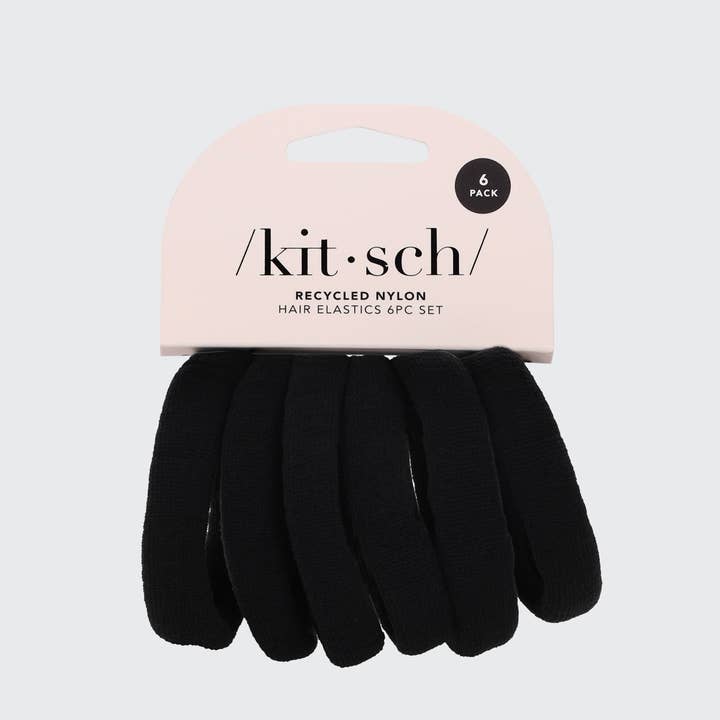 KITSCH - Wholesale Hair Tie - Recycled Nylon Thick Hair Elastics 6pc Set- Black