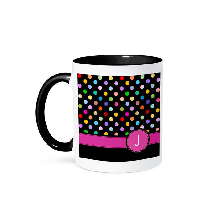 3dRose - Vente Tasse à café - 3dRose, Lettre J monogrammée sur un motif à pois arc-en-ciel avec initiale personnelle rose vif - multicolore girly, Tasse