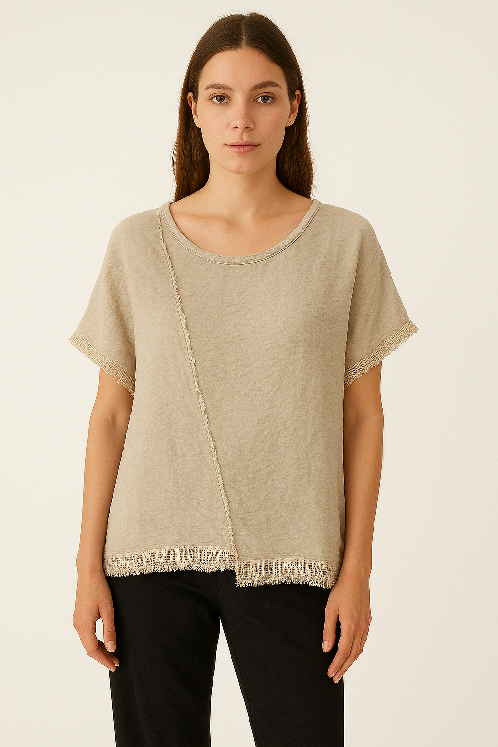 Lucy Sparks - Wholesale T-Shirt - Women's - LINEN FRONT AND COTTON BACK ASYMMETRIC T-SHIRT WITH MESH HEM1