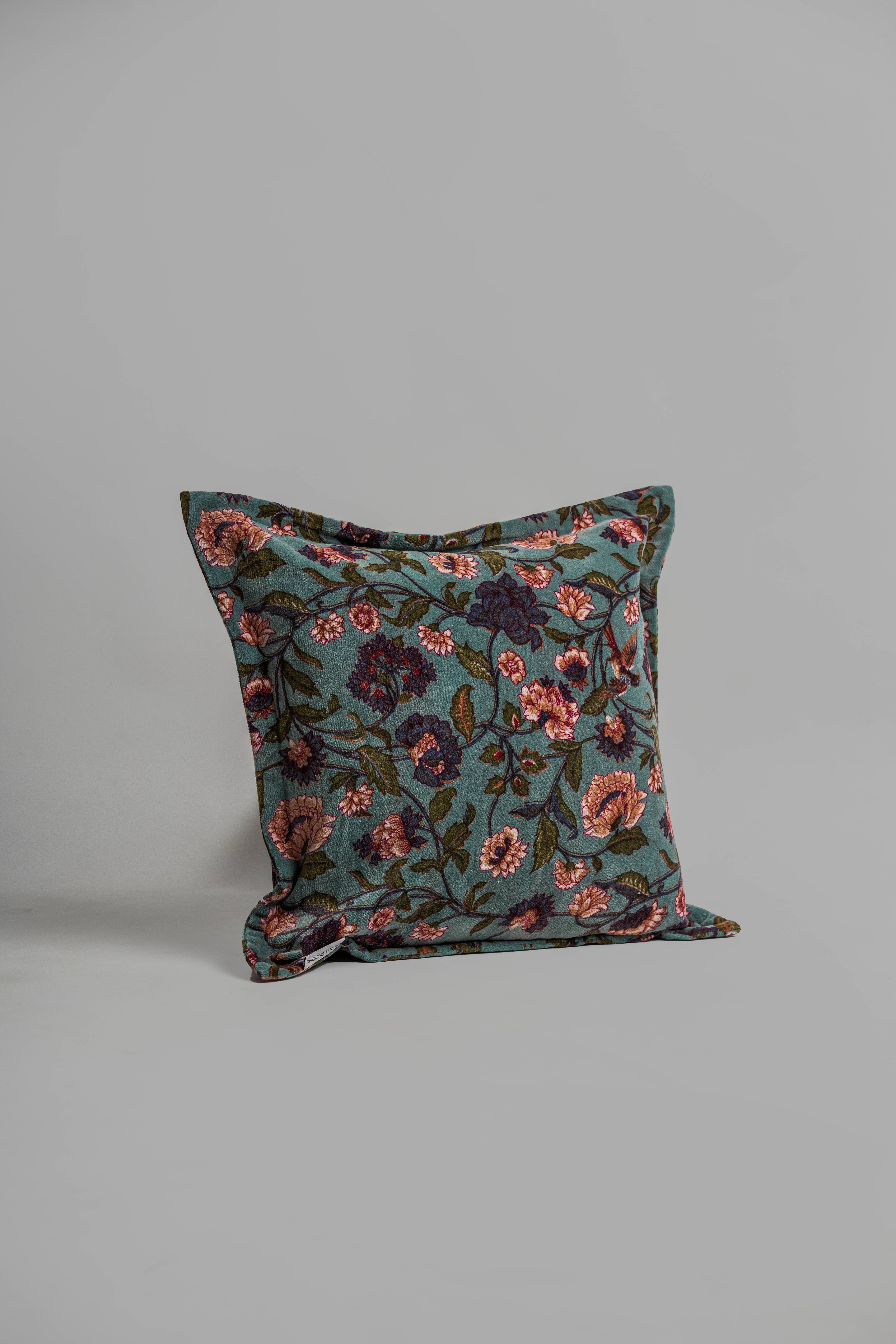 Atolia Designs – wholesale Throw/decorative pillow – Autumn Garden Velvet Cushion with filler – Teal Floral