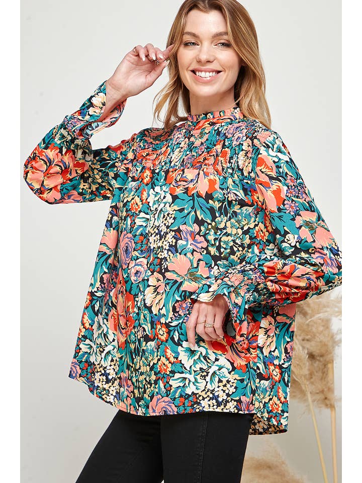 FLORAL PRINT PLEATED HIGH NECK PEASANT SLEEVE TOP for wholesale on Faire