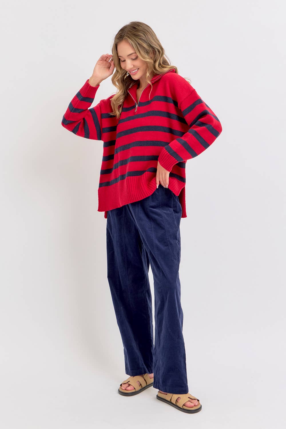 Sweet Lovely by Jen - Wholesale Knit Sweater - Women's - STRIPED ZIP-FRONT OVERSIZED PULLOVER KNIT SWEATER  36