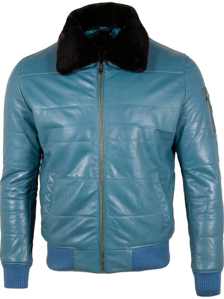 Chaqueta bomber tipo aviador ZADV de piel acolchada para hombre, color azul vaquero para venta al por mayor de Aviatrix