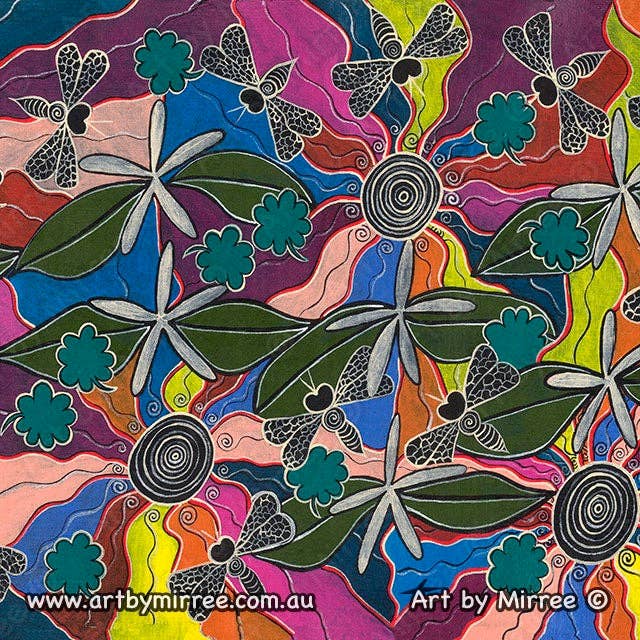 Abelhas ANCESTRAIS COM MEDICINA FLOR Tela emoldurada Estampada por Mirree Arte Aborígene Contemporânea por atacado de Art by Mirree