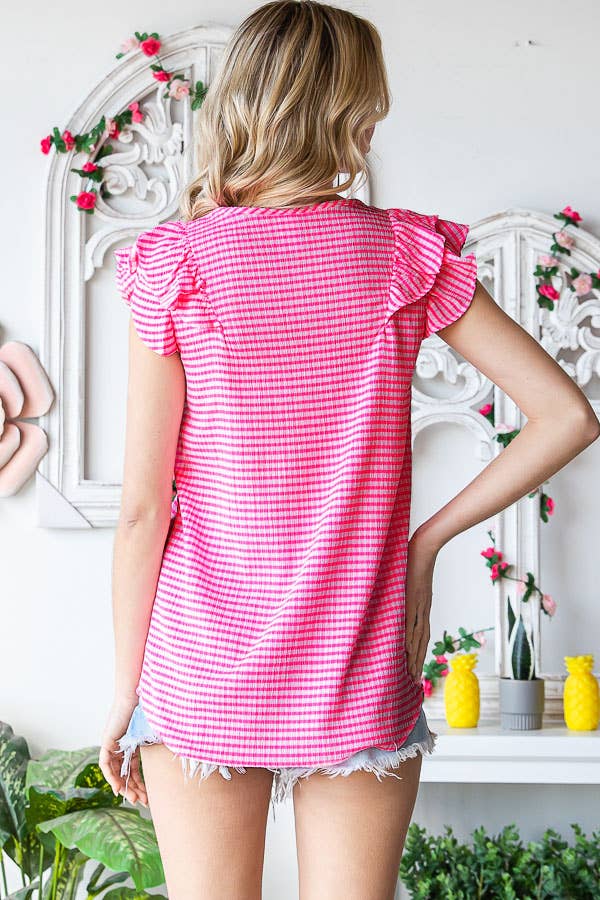 7th Ray - Wholesale Blouse - Women's - Gingham Print V-Neck Women's Blouse with Ruffle Detail T511417