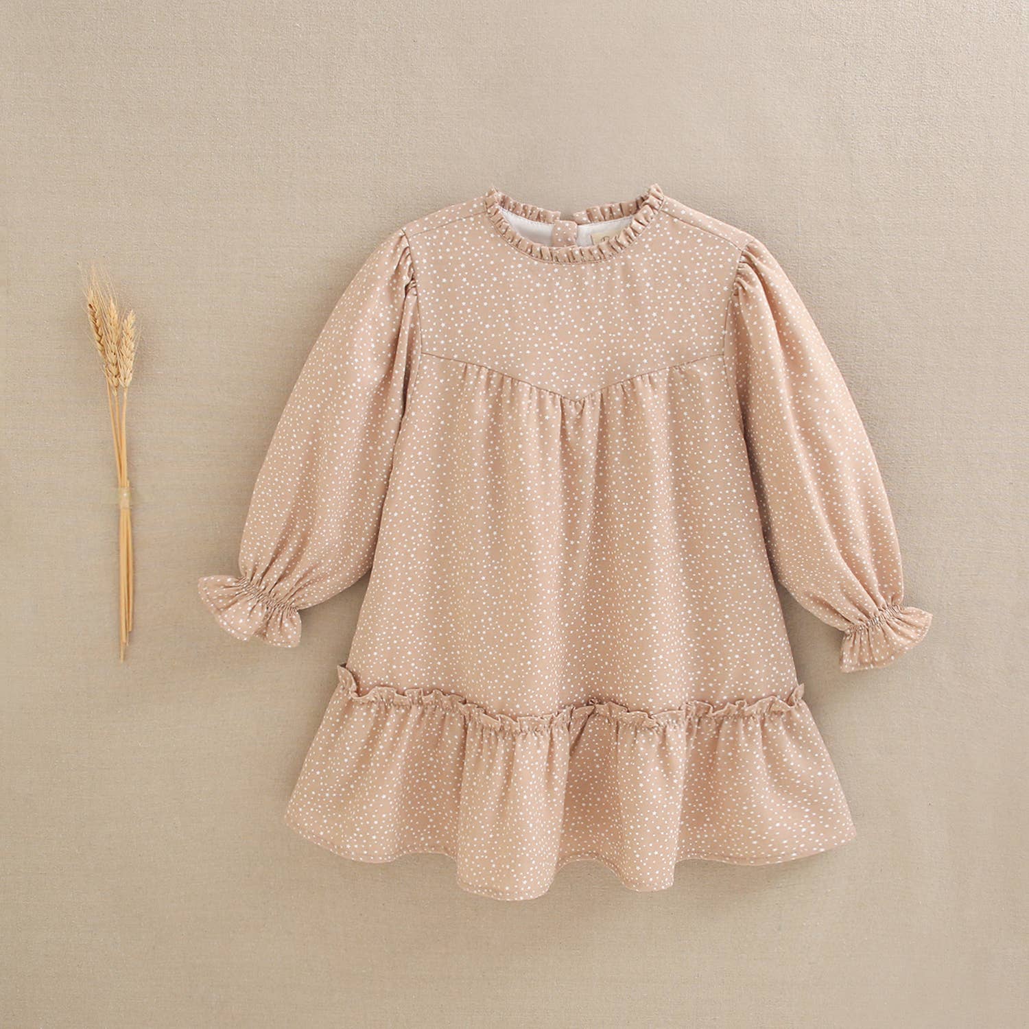 Dadati - Wholesale Dress - Kids - Tan beige dress with white star print3