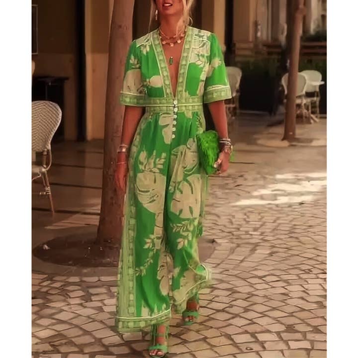 Green Summer Floral V-Neck Fashion Short Sleeve Jumpsuit JRM138 for wholesale on Faire0