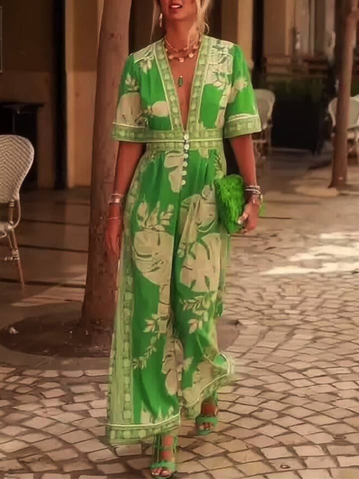 Summer Floral V-Neck Fashion Short Sleeve Jumpsuit JRM138 for wholesale by UNISHE