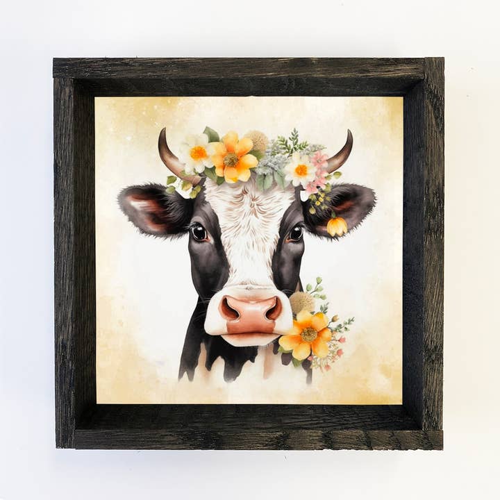 Hangout Home - Wholesale Art Print - Black White Cow and Yellow Flowers - Animal Spring Time Art