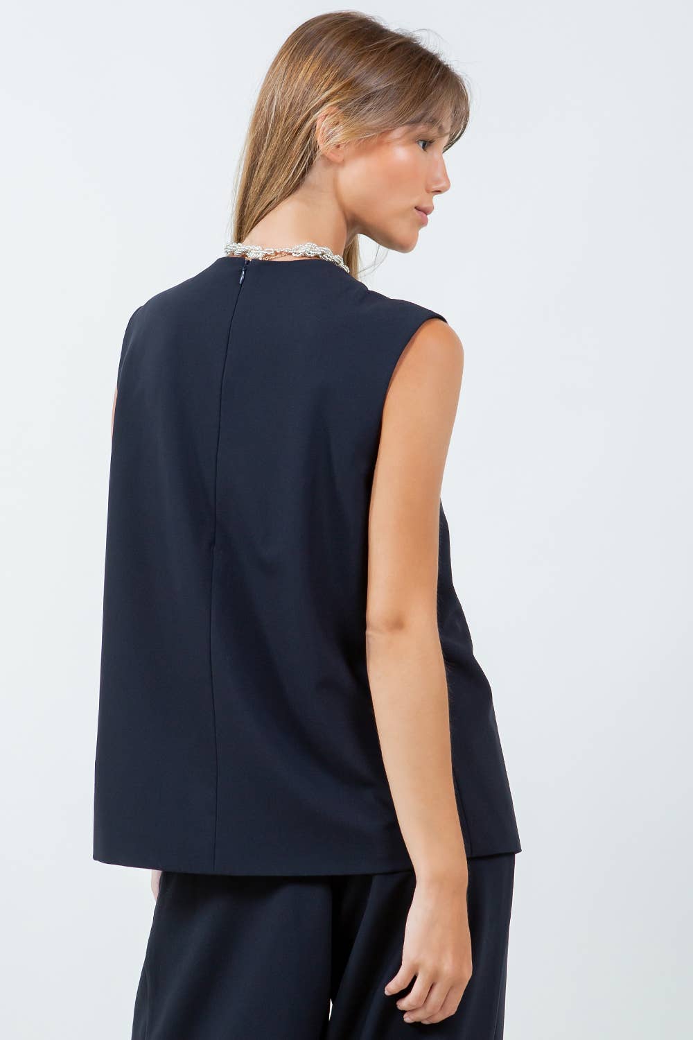 OVERLAP DETAILED WOVEN SLEEVELESS TOP - DK NAVY for wholesale on Faire4
