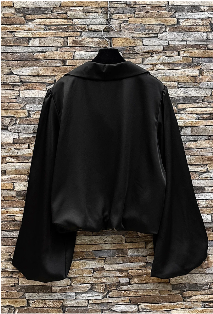 LOOWIE - Wholesale Blouse - Women's - ELBLBSB Italian Black Satin Blouse w/ Balloon Sleeves LOOWIE1