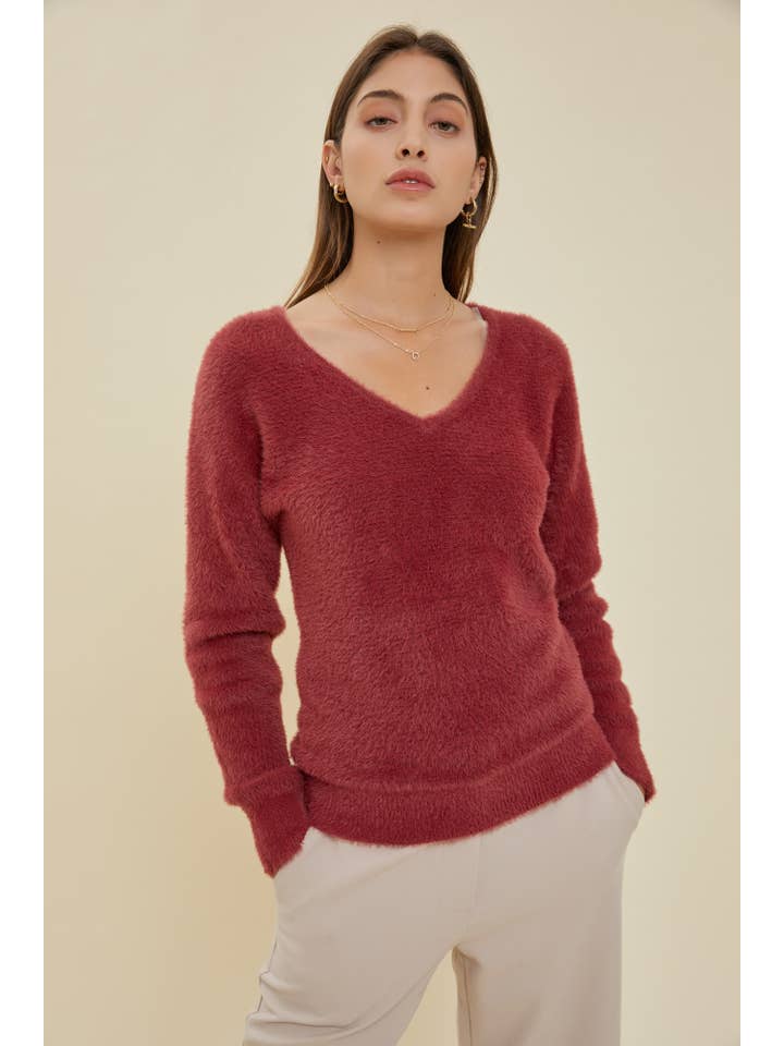 Be Cool - Wholesale Knit Sweater - Women's - FUZZY V-NECK SWEATER