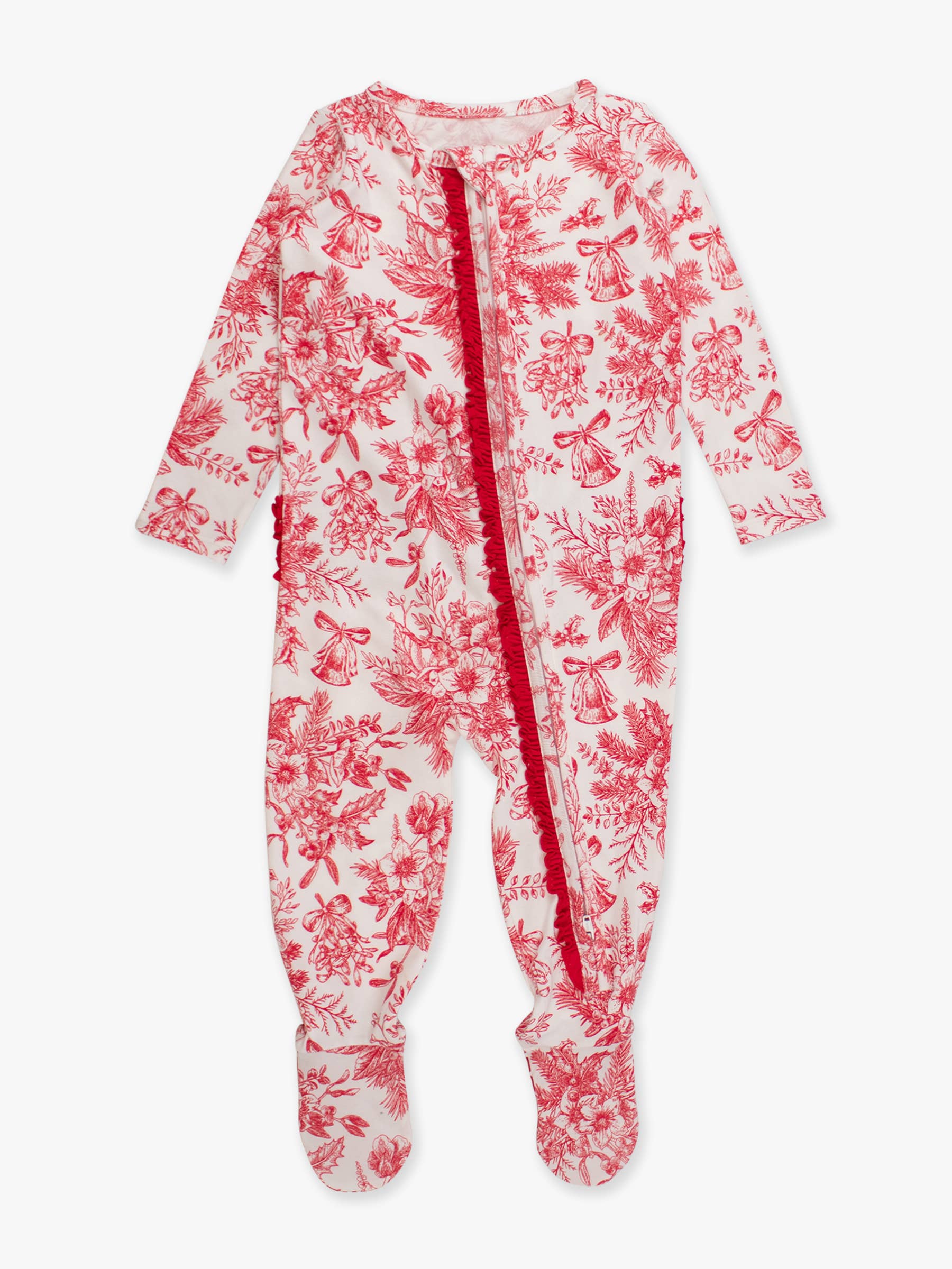 SoftSnooze™ Baby Girls Cotton Modal Red Jingle Toile the Way Footed Ruffle One Piece Pajama for wholesale on Faire5