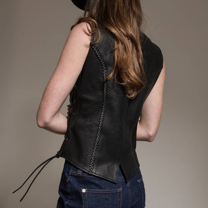 Lesa collection inc - Wholesale Outerwear Vest - Women's - Lesa Collection Ladies Black Leather Waistcoat Side Laces M
