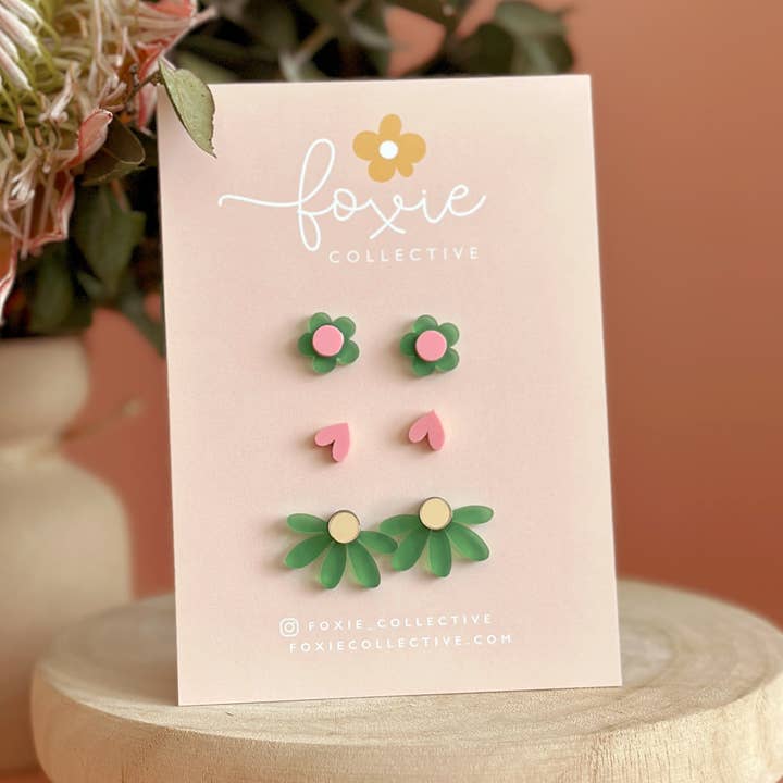 Foxie Collective - Vendita all'ingrosso Parure di gioielli - STUD PACK TRIO | Verde+Rosa | VENDITA ALL'INGROSSO0
