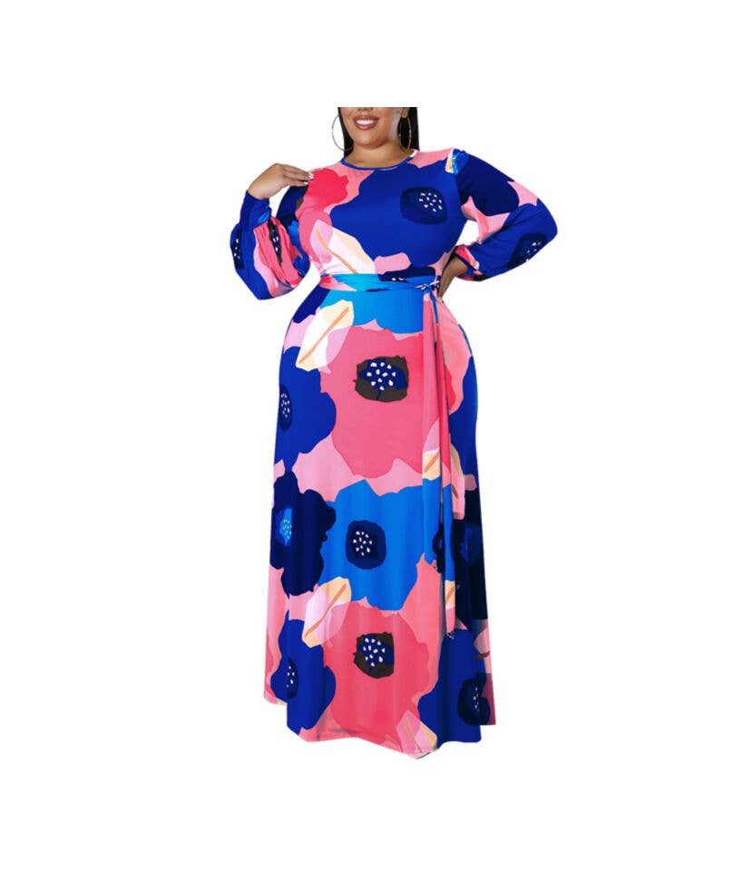 pinkblu02 - Wholesale Dress - Women's - Women Plus Size Long Sleeve Floral Print Round Neck Dress1