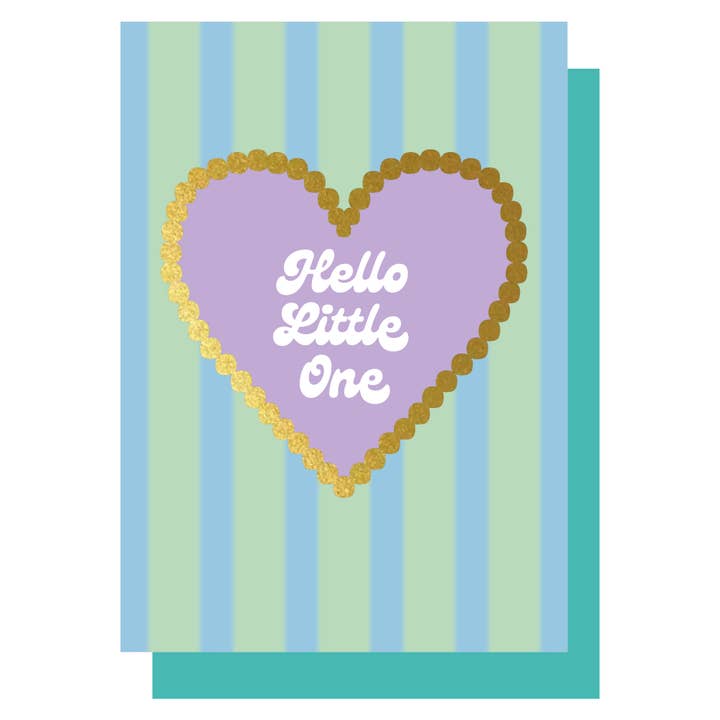 Hello Little One blue & green stripe gold heart card for wholesale by Lucky Ink