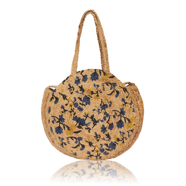 Sac de plage rond en jute pur à imprimé floral pour la vente par Chloe & Lex