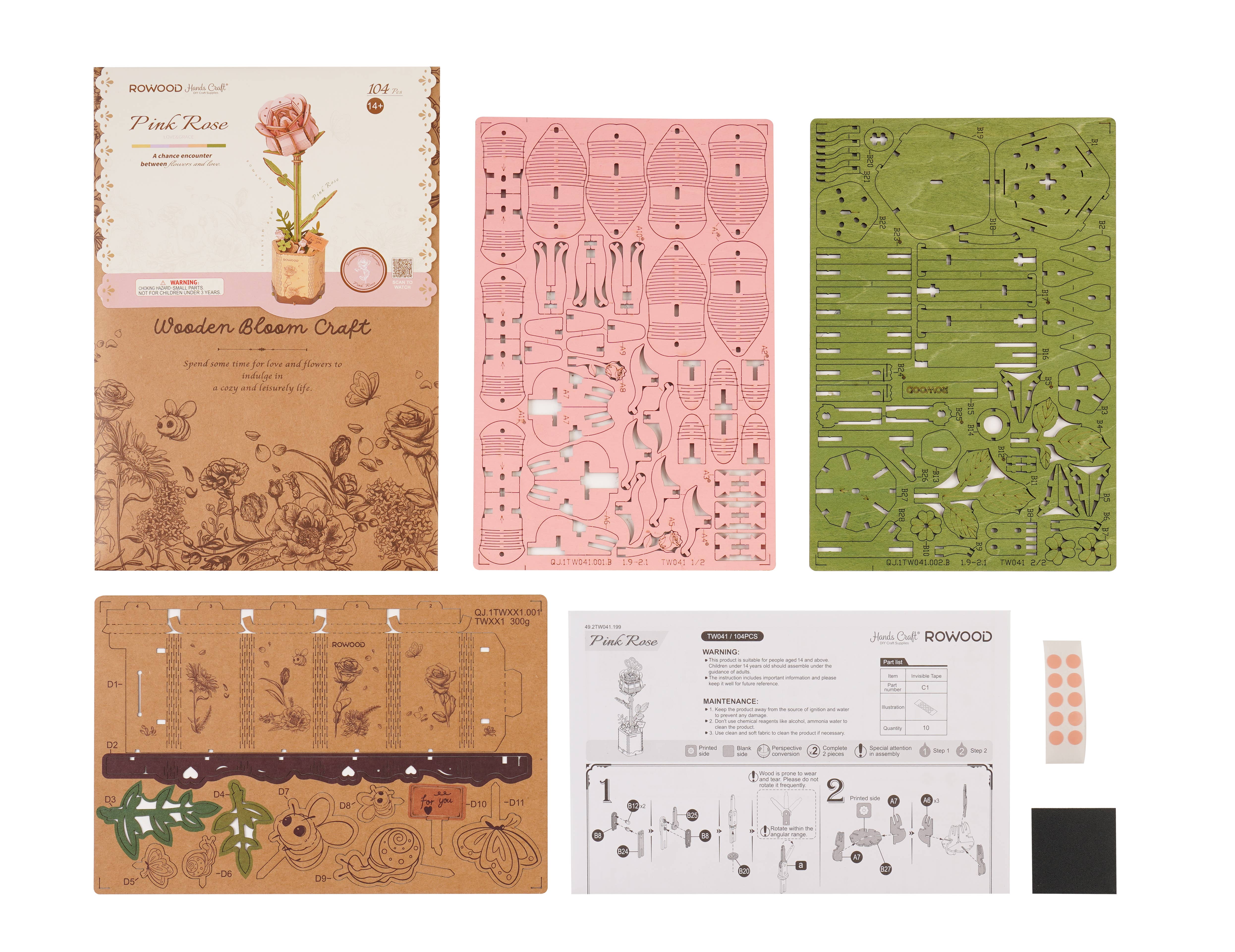 Hands Craft - Wholesale Puzzle - Kids - 3D Wooden Flower Puzzle: Pink Rose3