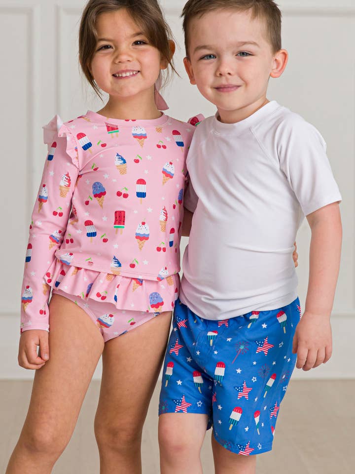 Blue Boys Freedom Fireworks Swim Trunks for wholesale on Faire