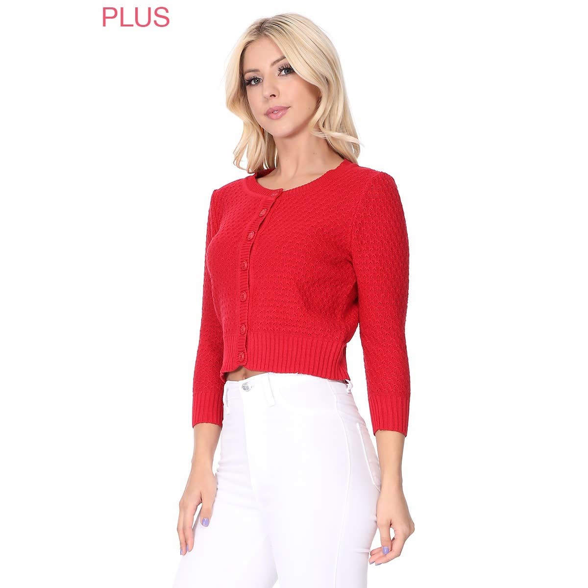 Mak - Vendita all'ingrosso Cardigan - Donna - Maglione cardigan plus size lavorato a maglia girocollo con maniche a 3/4 MK3514PL68