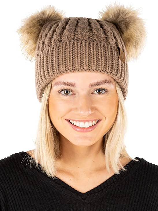 Gorro con doble pompón (pompón de piel sintética natural y gris pardo) para venta al por mayor de Funky Junque