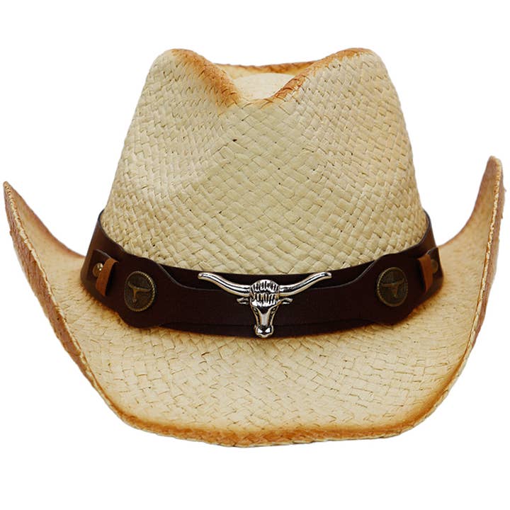 Cap Zone - Wholesale Cowboy Hat - Unisex - Longhorn Belt Vintage Ombre Burnt Paper Straw Cowboy Hat