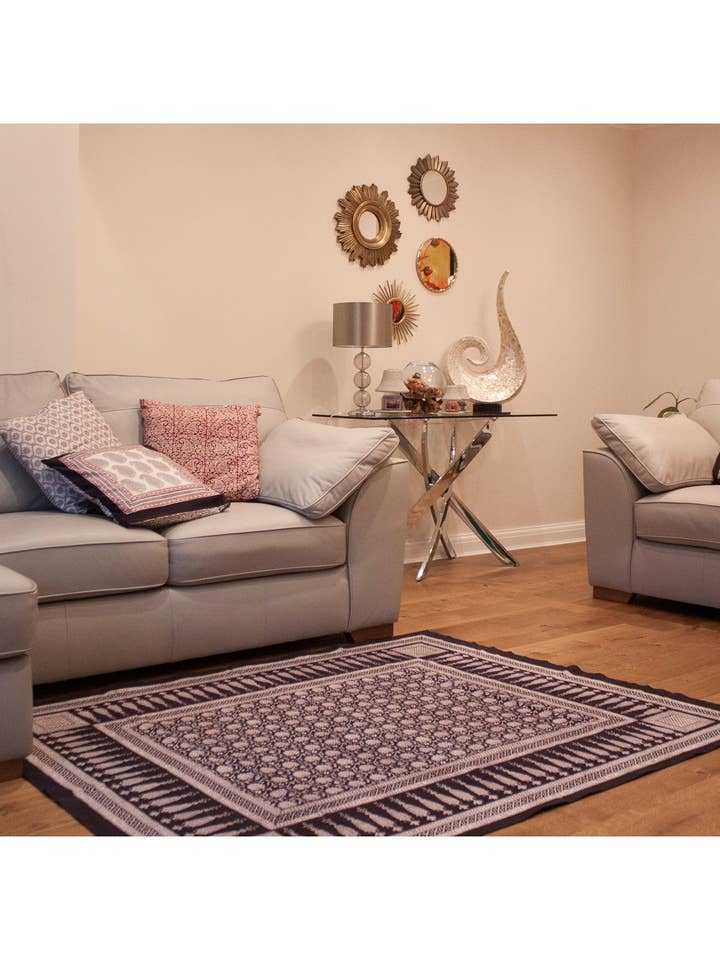 Traditional Floral & Paisley Hand-block Print Area Rug - White Black for wholesale by SVEZElife