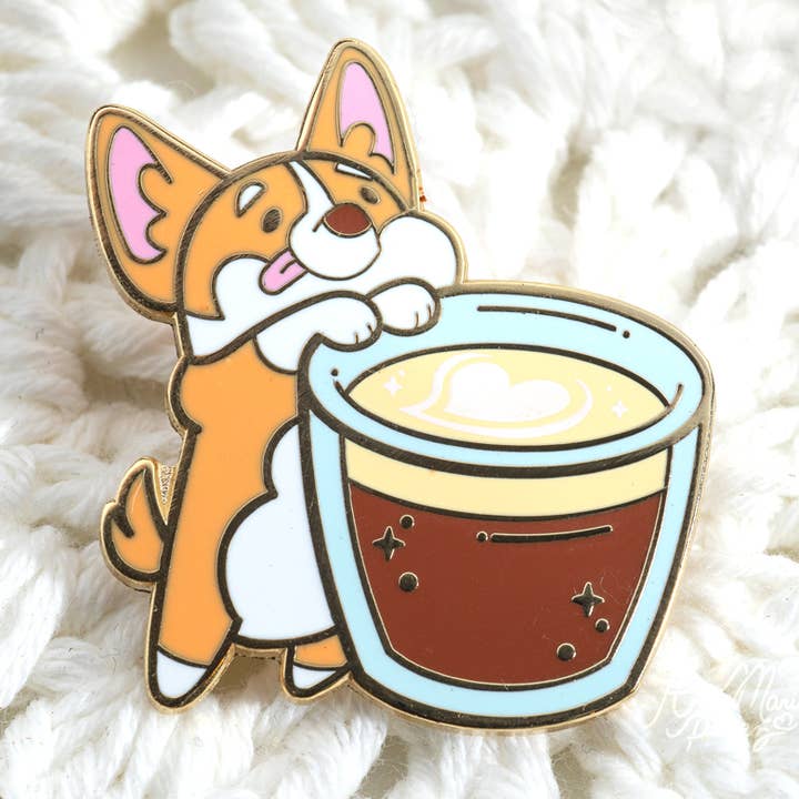 Espresso Shot Corgi Enamel Pin for wholesale by AnnaMaria Perez