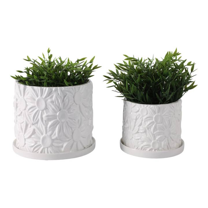 Sagebrook Home - Wholesale Plant Pot - White 6/8 in. Stoneware Daisy Flower Planters (Set of 2)