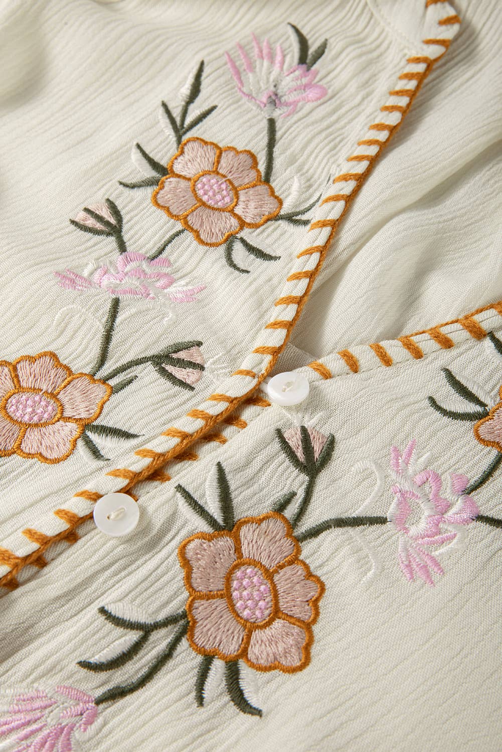 Beige Floral Embroidered Textured Spring Puff Sleeve Loose Shirt for wholesale on Faire10