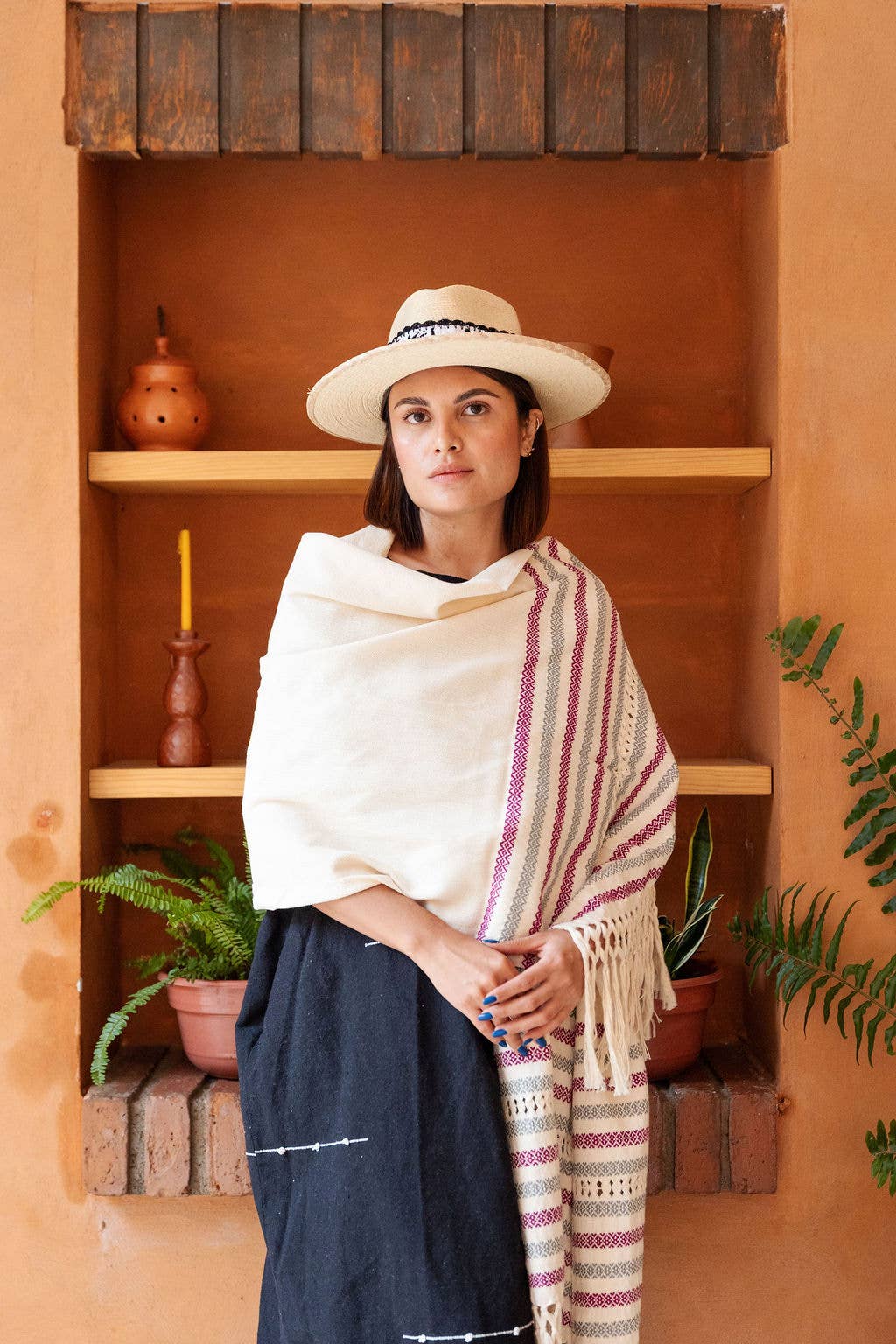 Origin Mexico – wholesale Wrap - Dam – Handvävd ekologisk bomullsjalomslag - magenta och grå 9