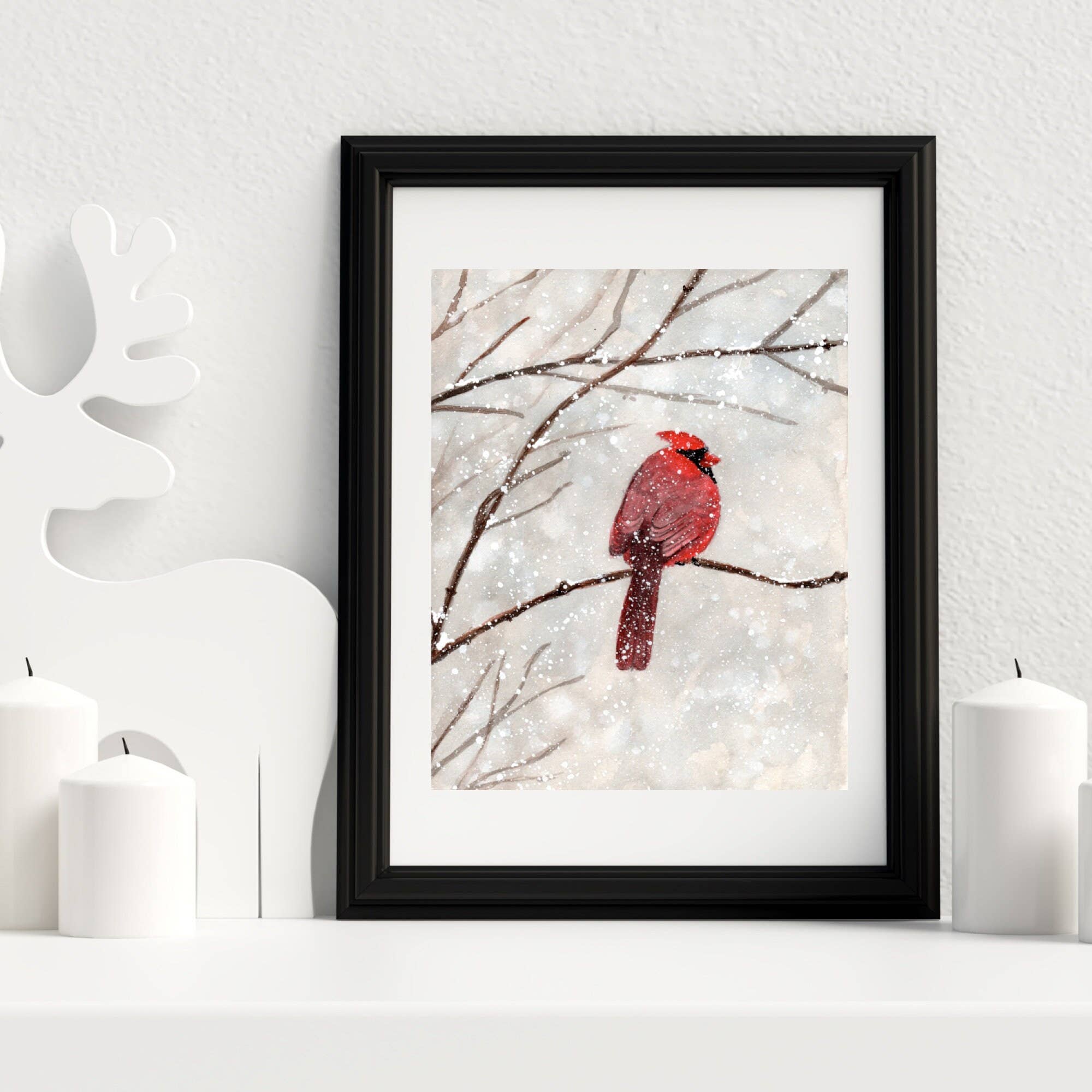 Red Cardinal Watercolor Print: Winter Bird Art for wholesale by Kathryn Paul Fine Art