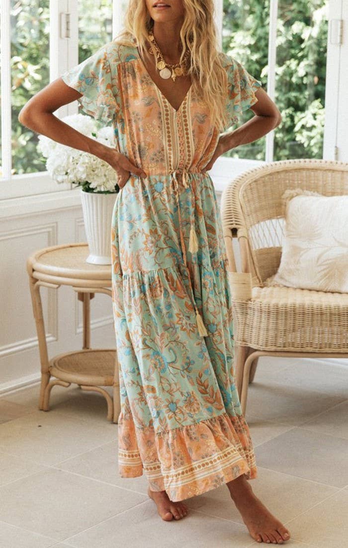 Rosa Clothing - Wholesale Dress - Women's - Bohemia Border Print Flutter Sleeve Maxi Dress14