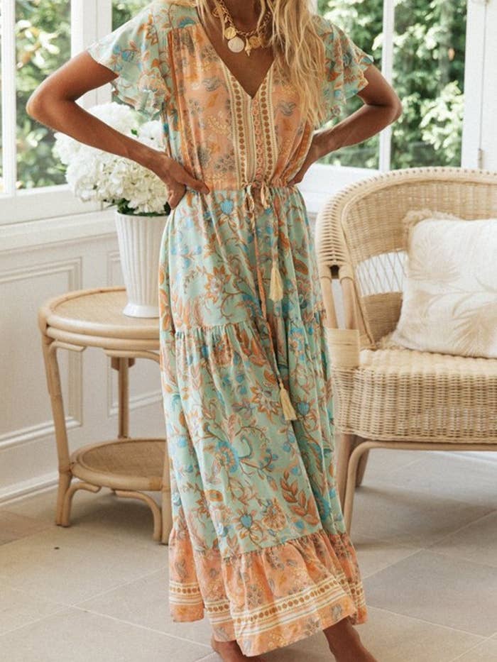 Rosa Clothing - Wholesale Dress - Women's - Bohemia Border Print Flutter Sleeve Maxi Dress14