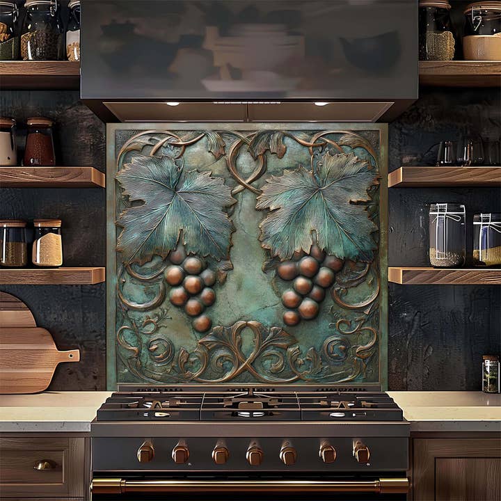 Grape Vine – Tempered Glass Backsplash for Kitchen – Copper Look Glass Splashback for wholesale by Glass Kitchen Backsplash